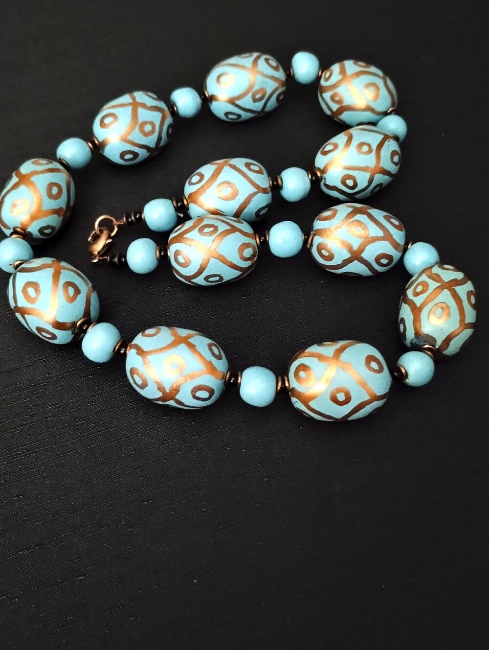 Vintage Handmade Turquoise & Gold Patterned Art Glass Bead Necklace